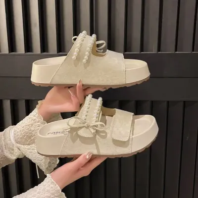 PEARL BOWKNOT NET CELEBRITY SLIPPERS